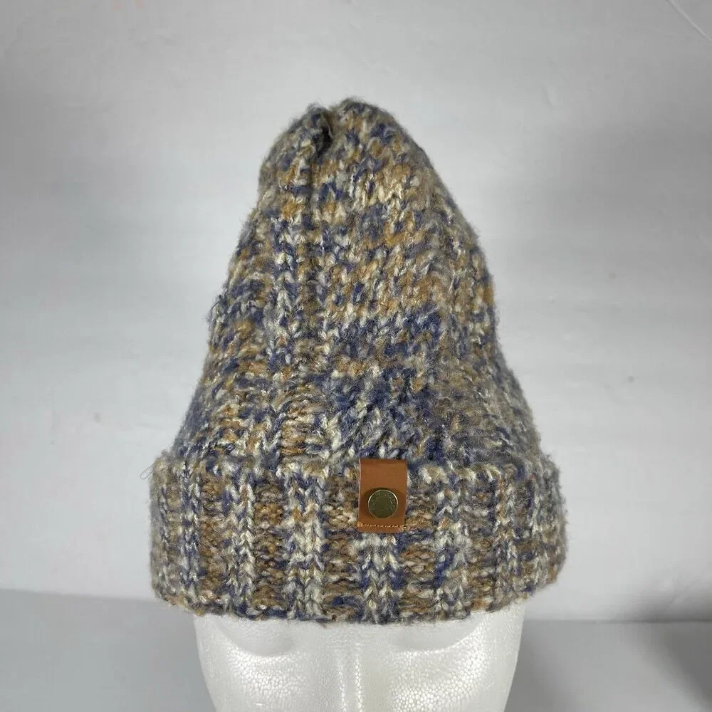 Frye and Co. Marled Knit Beanie Hat Blue Brown Tan Faux Leather Logo Tab One Six
